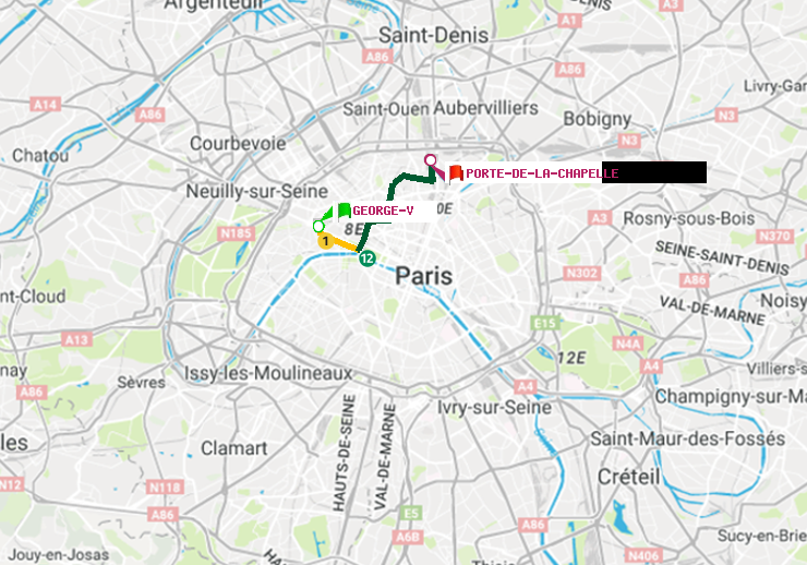 plan itinéraire ratp de George V à Porte de la Chapelle