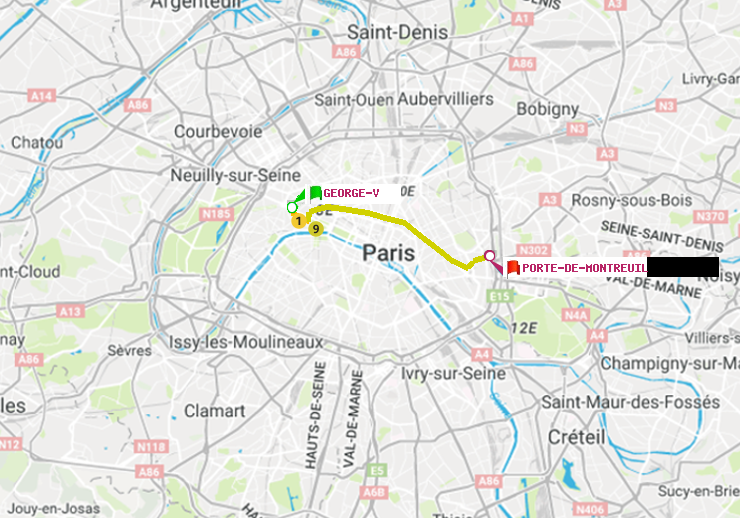 plan itinéraire ratp de George V à Porte de Montreuil