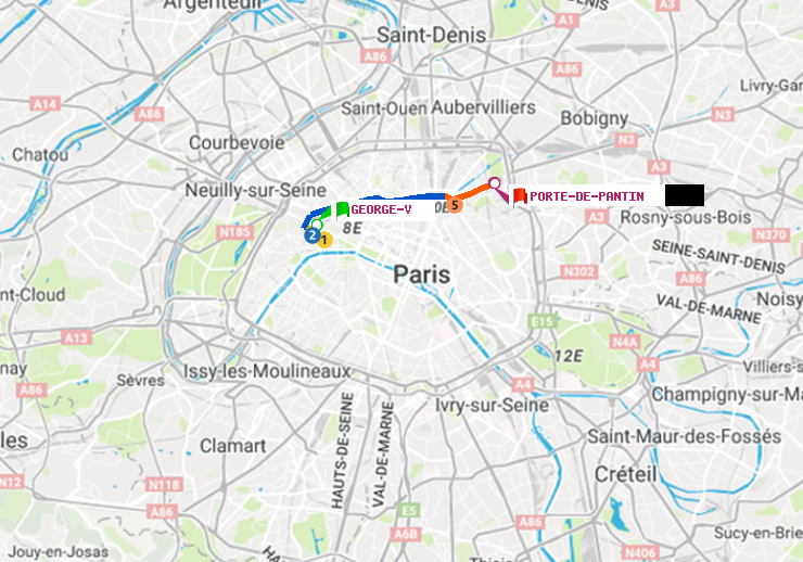 plan itinéraire ratp de George V à Porte de Pantin