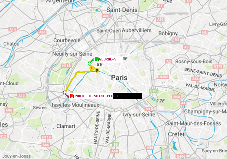 plan itinéraire ratp de George V à Porte de Saint-Cloud