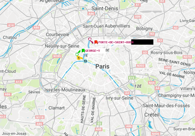 plan itinéraire ratp de George V à Porte de Saint-Ouen
