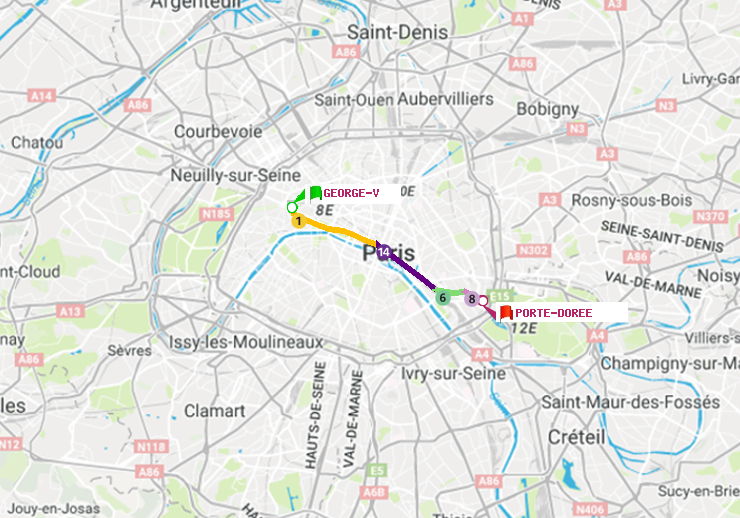 plan itinéraire ratp de George V à Porte Dorée