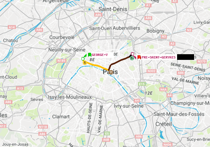 plan itinéraire ratp de George V à Pré-Saint-Gervais