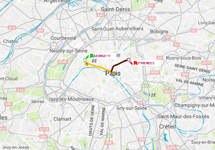 plan itinéraire ratp de George V à Pyrenees