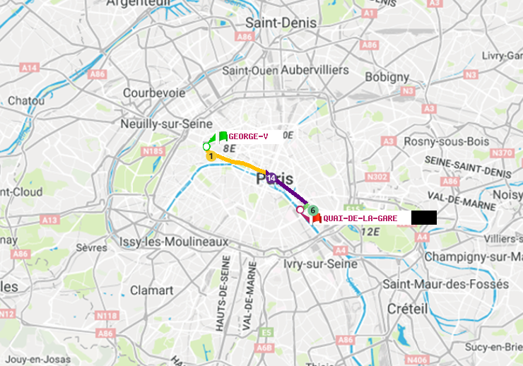 plan itinéraire ratp de George V à Quai de la Gare