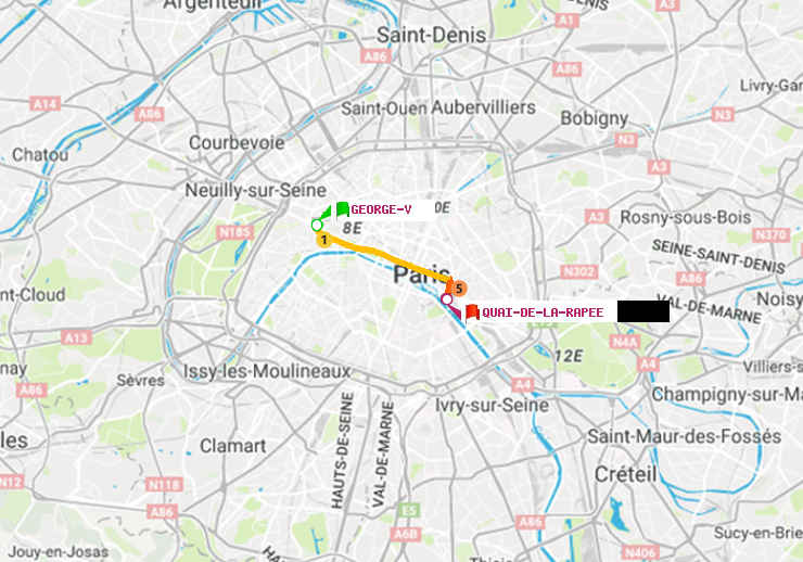 plan itinéraire ratp de George V à Quai de la Rapée