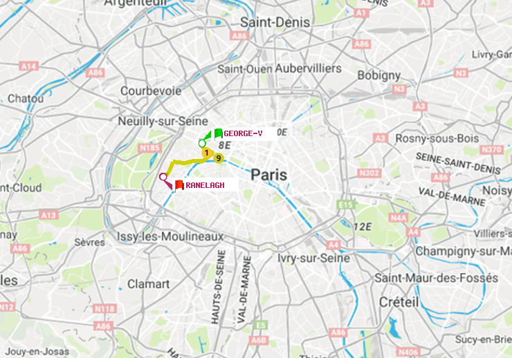 plan itinéraire ratp de George V à Ranelagh