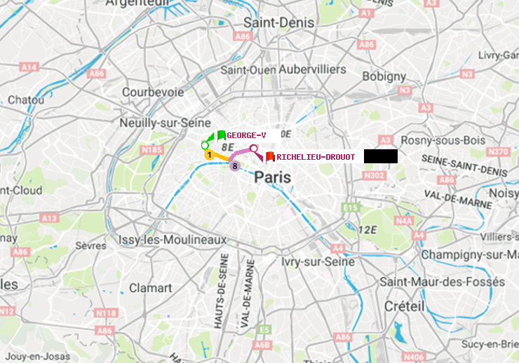 plan itinéraire ratp de George V à Richelieu-Drouot