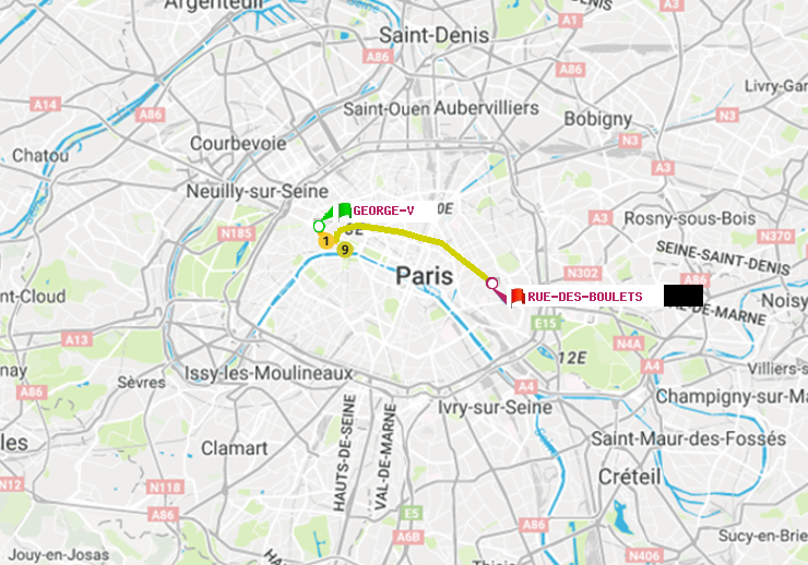 plan itinéraire ratp de George V à Rue des Boulets