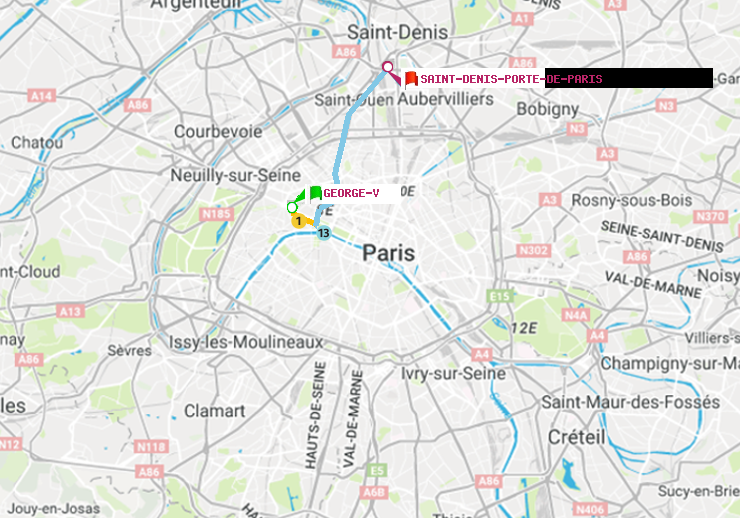 plan itinéraire ratp de George V à Saint-Denis-Porte de Paris