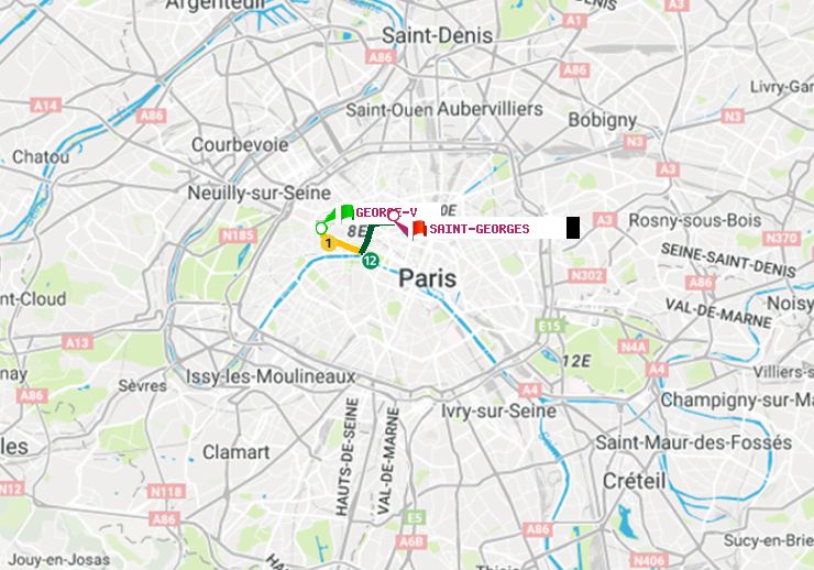plan itinéraire ratp de George V à Saint-Georges