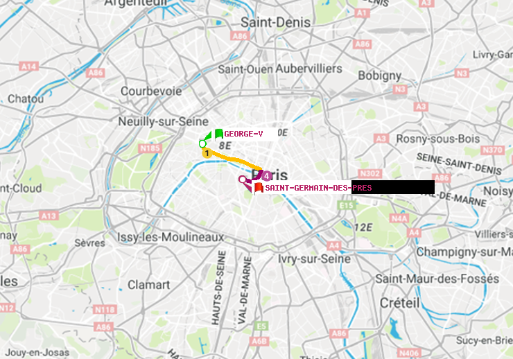 plan itinéraire ratp de George V à Saint-Germain des Prés