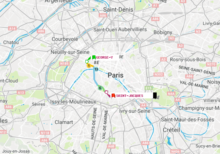 plan itinéraire ratp de George V à Saint-Jacques