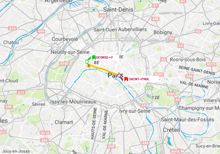 plan itinéraire ratp de George V à Saint-Paul (Le Marais)