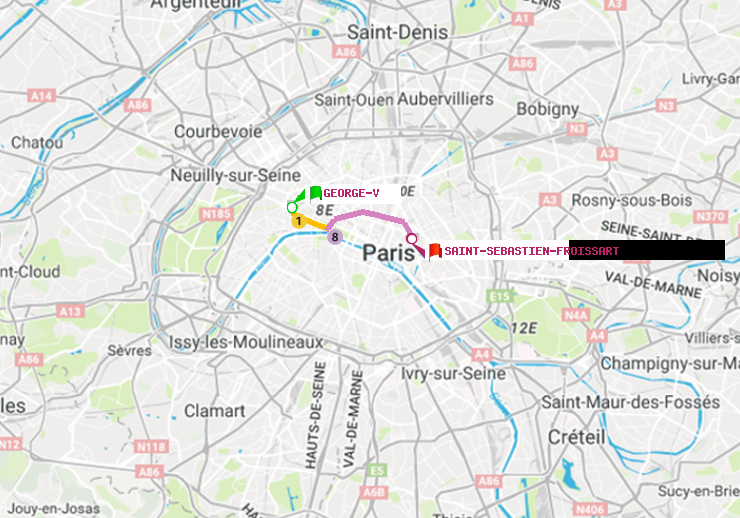 plan itinéraire ratp de George V à Saint-Sébastien-Froissart