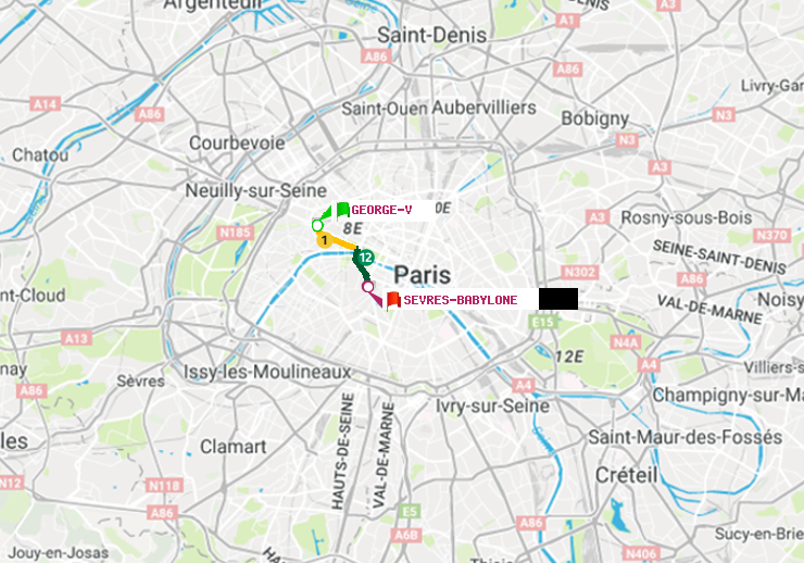 plan itinéraire ratp de George V à Sèvres-Babylone