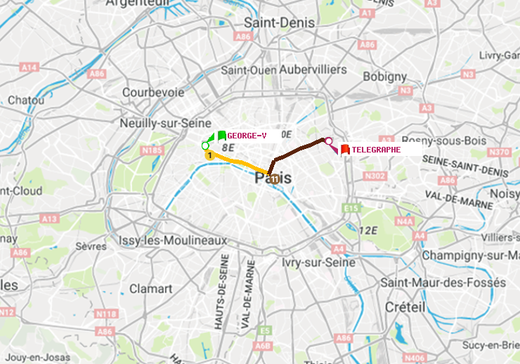 plan itinéraire ratp de George V à Telegraphe