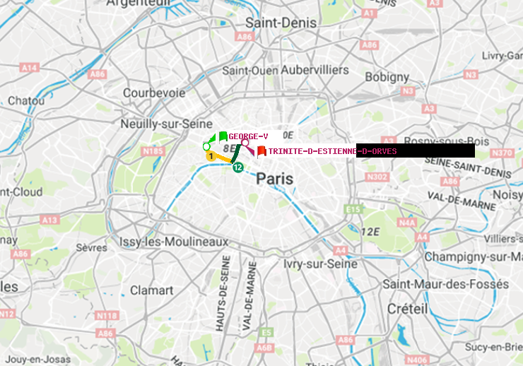 plan itinéraire ratp de George V à Trinité-d