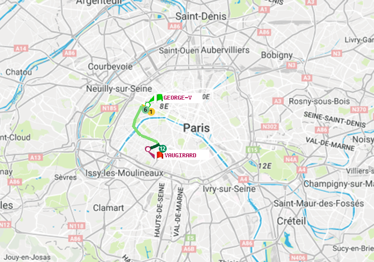 plan itinéraire ratp de George V à Vaugirard (Adolphe Chérioux)