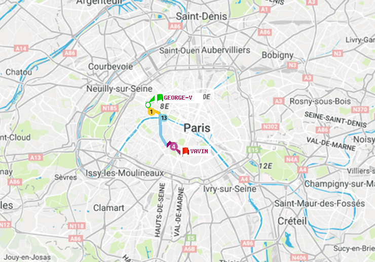 plan itinéraire ratp de George V à Vavin