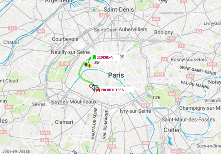 plan itinéraire ratp de George V à Volontaires