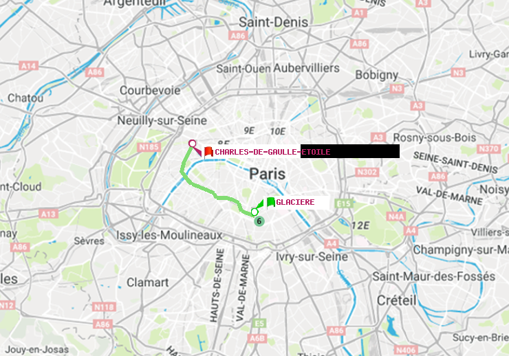 plan itinéraire ratp de Glacière à Charles de Gaulle-Etoile