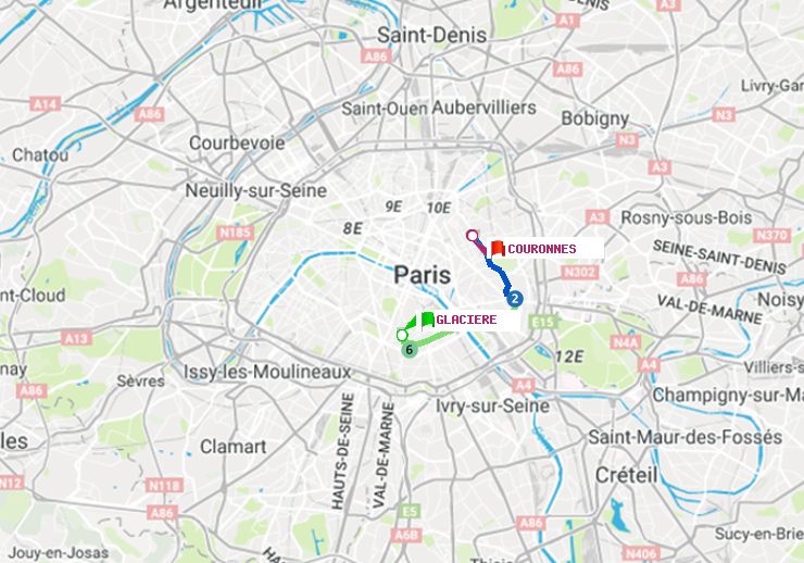 plan itinéraire ratp de Glacière à Couronnes