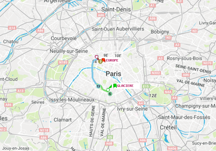 plan itinéraire ratp de Glacière à Europe