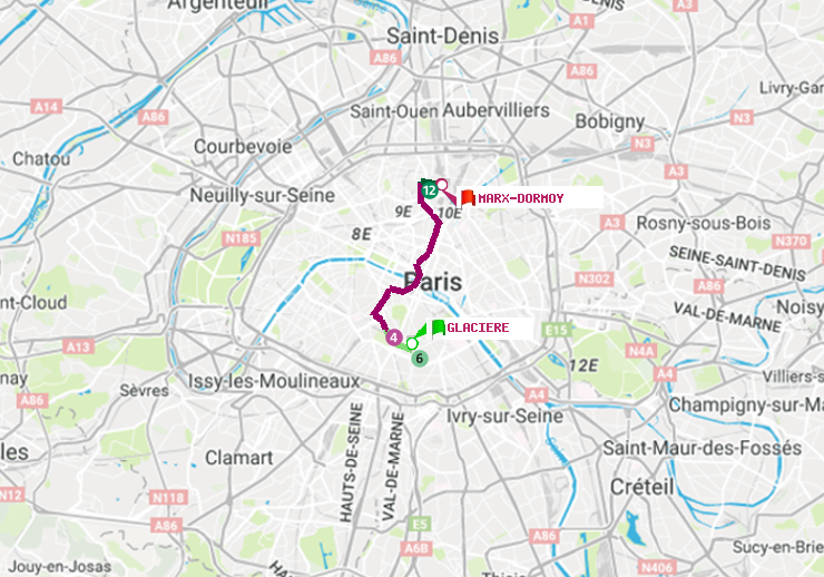 plan itinéraire ratp de Glacière à Marx-Dormoy
