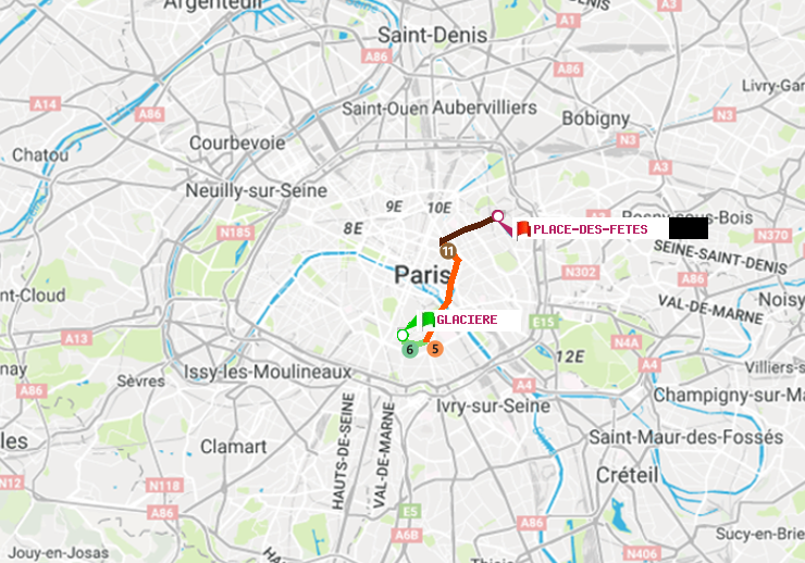 plan itinéraire ratp de Glacière à Place des Fêtes