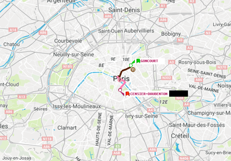 plan itinéraire ratp de Goncourt (Hôpital Saint-Louis) à Censier-Daubenton