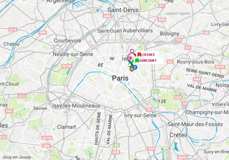 plan itinéraire ratp de Goncourt (Hôpital Saint-Louis) à Crimée