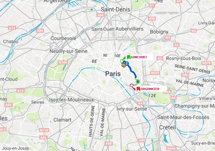 plan itinéraire ratp de Goncourt (Hôpital Saint-Louis) à Dugommier