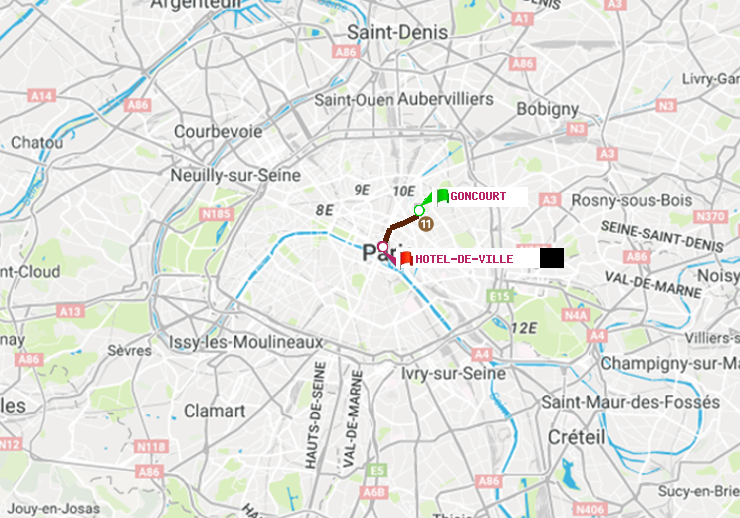 plan itinéraire ratp de Goncourt (Hôpital Saint-Louis) à Hôtel de Ville