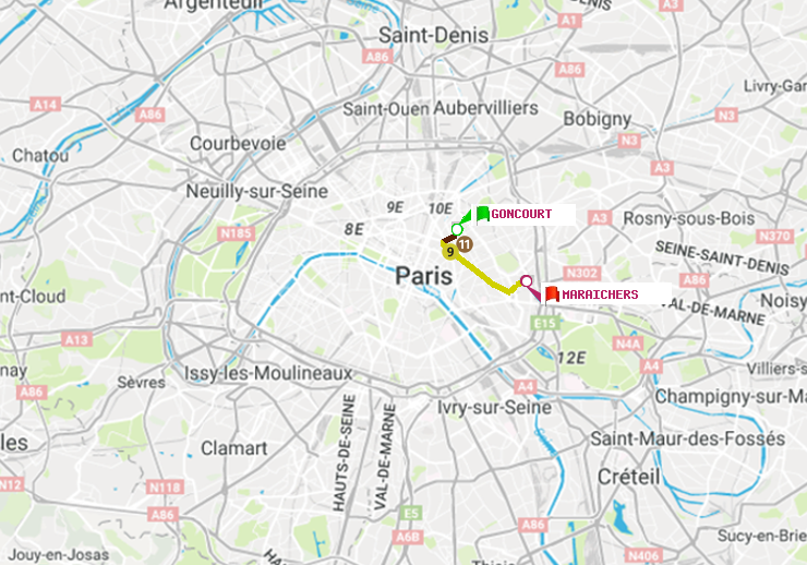 plan itinéraire ratp de Goncourt (Hôpital Saint-Louis) à Maraichers