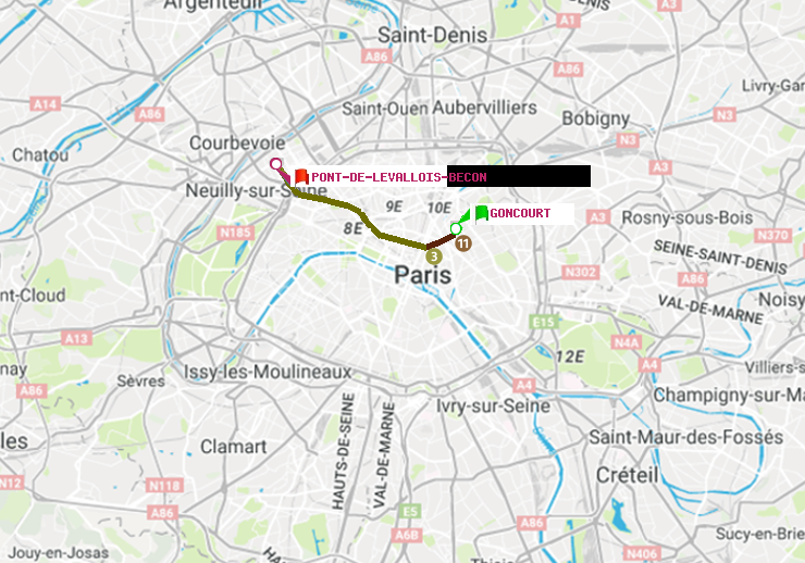 plan itinéraire ratp de Goncourt (Hôpital Saint-Louis) à Pont de Levallois-Bécon