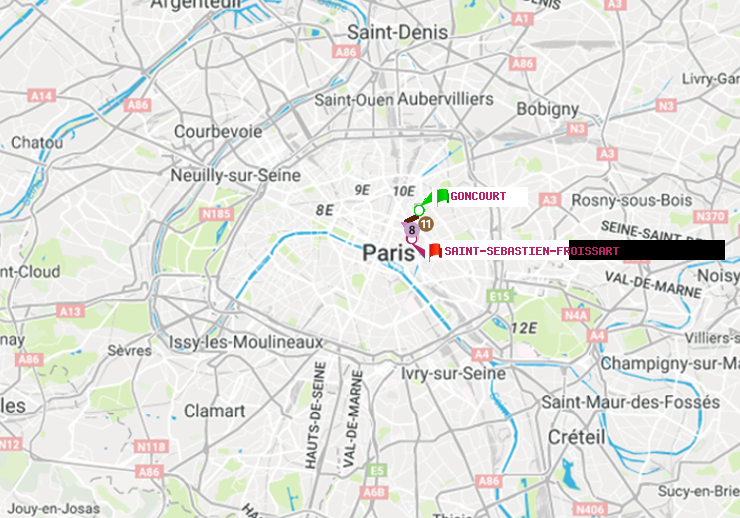 plan itinéraire ratp de Goncourt (Hôpital Saint-Louis) à Saint-Sébastien-Froissart
