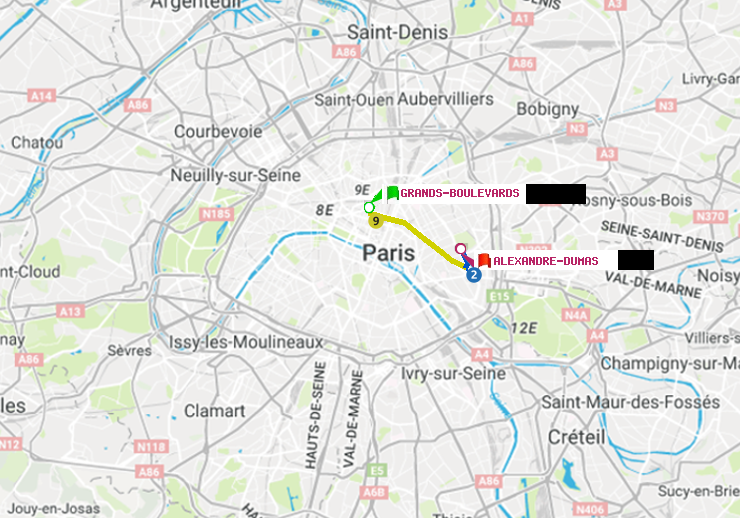 plan itinéraire ratp de Grands Boulevards à Alexandre-Dumas