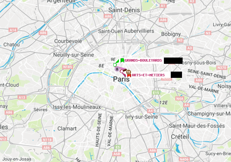 plan itinéraire ratp de Grands Boulevards à Arts-et-Métiers