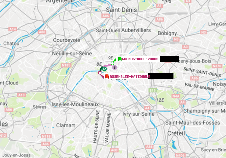plan itinéraire ratp de Grands Boulevards à Assemblée Nationale