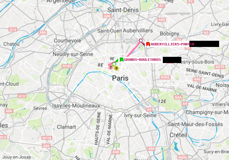 plan itinéraire ratp de Grands Boulevards à Aubervilliers Pantin (4 Chemins)