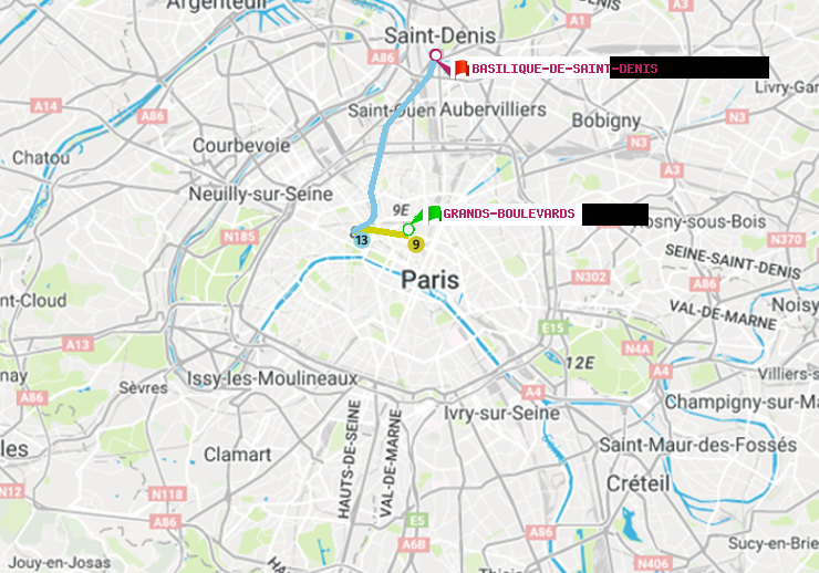 plan itinéraire ratp de Grands Boulevards à Basilique de Saint-Denis
