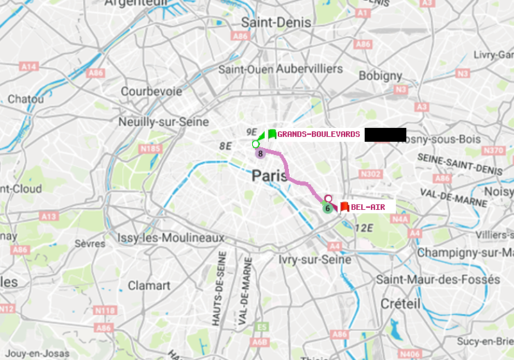 plan itinéraire ratp de Grands Boulevards à Bel-Air