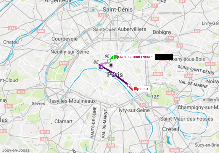 plan itinéraire ratp de Grands Boulevards à Bercy