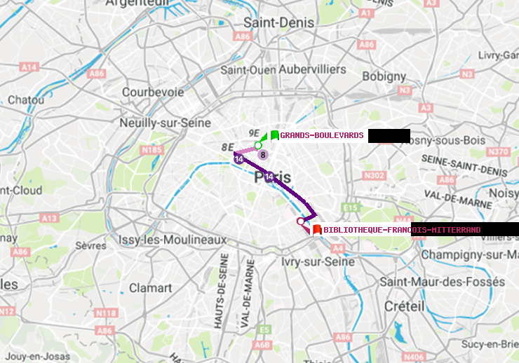 plan itinéraire ratp de Grands Boulevards à Bibliotheque-Francois Mitterrand