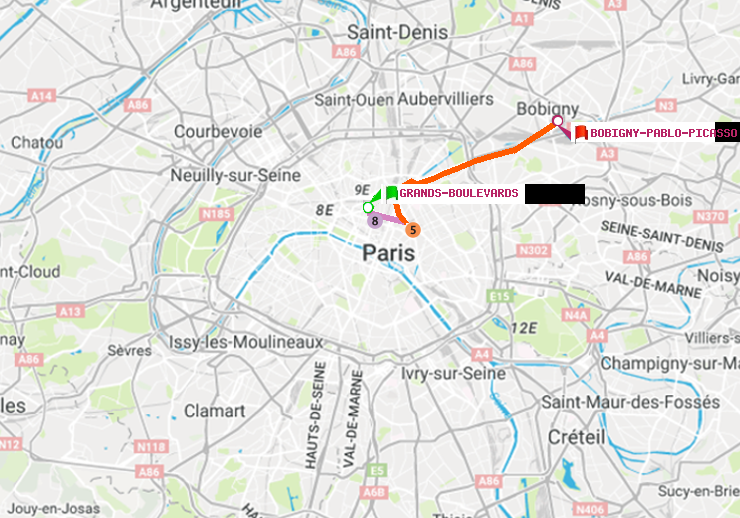 plan itinéraire ratp de Grands Boulevards à Bobigny-Pablo-Picasso