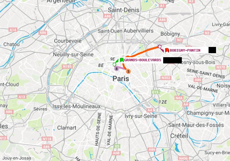 plan itinéraire ratp de Grands Boulevards à Bobigny-Pantin (Raymond Queneau)