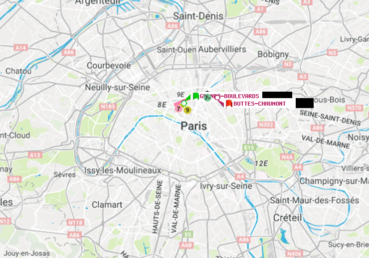 plan itinéraire ratp de Grands Boulevards à Buttes-Chaumont