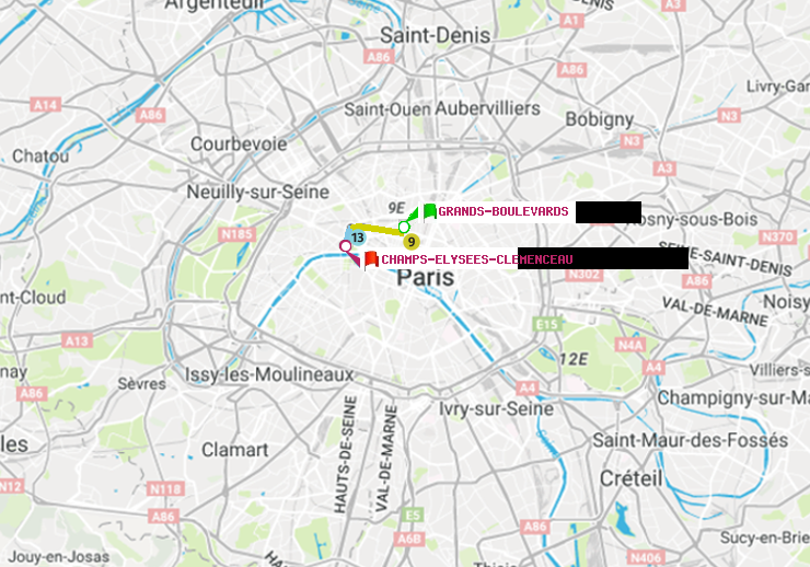 plan itinéraire ratp de Grands Boulevards à Champs-Elysées-Clémenceau