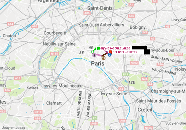 plan itinéraire ratp de Grands Boulevards à Colonel Fabien